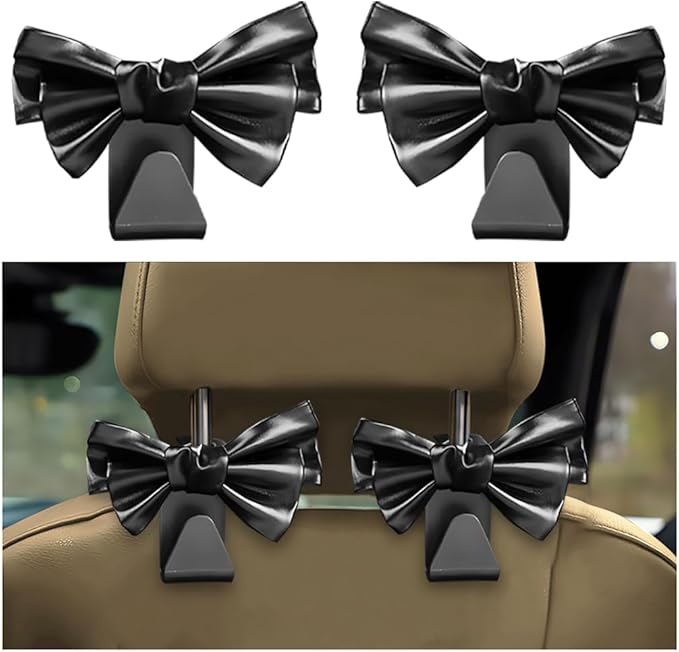 Car Headrest Hooks, 2PCS Cute Bow Vehicle Back Seat Hanger for Purses Bags, Automotive Interior Backseat Storage Hanging Organizer Decor Accessories, Universal for SUV, Sedan, Truck (Black)