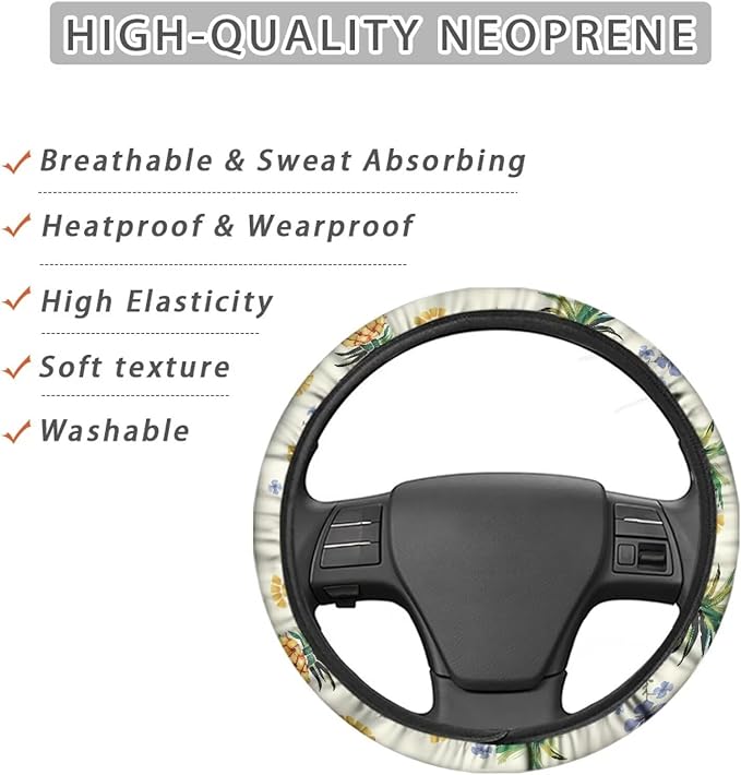 AFPANQZ Pineapple Print Car Steering Wheel Cover Sweat Absorption Safe Driving, Anti-Slip Steering Wheel Protector No Smell Fashion Machine Washable Universal