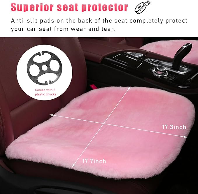 Sheepskin Car Seat Cushion, Comfortable Soft Fur Wool Auto Front Seat Cover, Vehicle Seat Protector Pad for Warm Winter Office Chair, Universal Decor Car Accessories (Pink)
