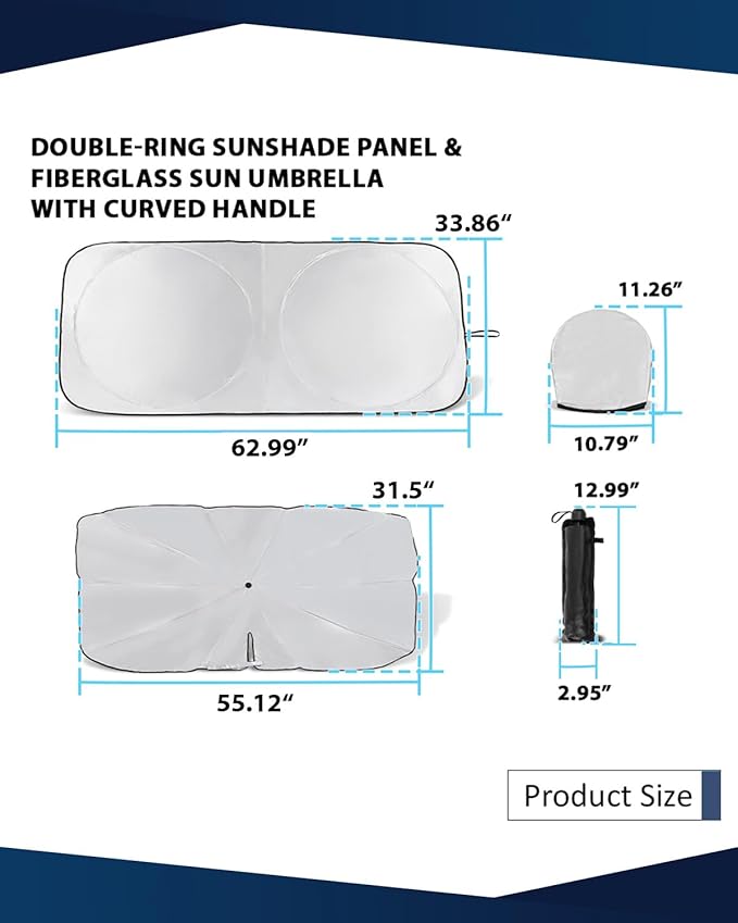 Retractable Windshield Sun Shade for car Windshield Sun Shade,99% UV Blocking,Long-Frequency and Short-Frequency Demand,Medium (Sunshade 62.99"x33.86",Umbrella 55.12"x31.5")