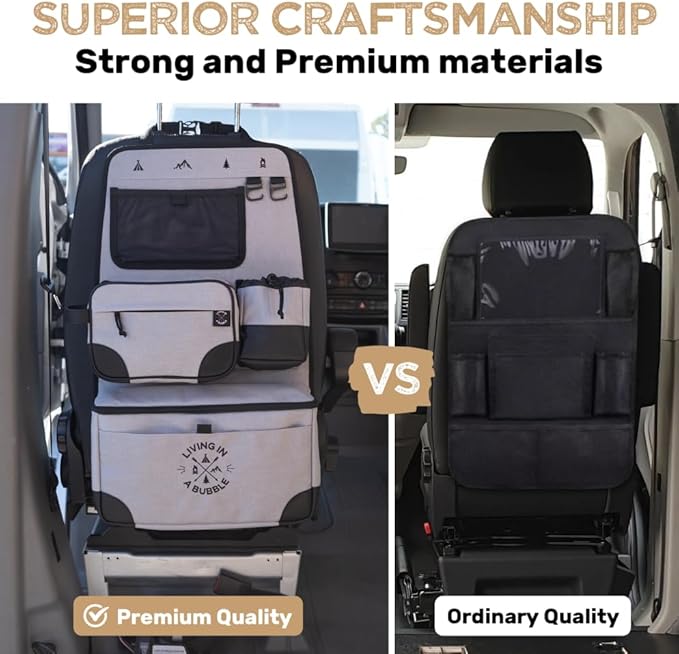 Living in a Bubble Seat back Organizer – Magnetic Toiletry and Cooler Pouch, Cordura Car Backseat Storage with Device Holder & Hooks, Multi-Compartment Utility Bag for Campervans & Family Travel