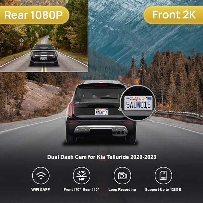 Fitcamx 2K Dual Dash Cam Adapts for Kia Telluride 2020 2021 2022 S LX EX SX X-pro X-Line (Part No.S9000), OEM Style, Front 1440P+Rear 1080P Video, Loop Recording, WiFi & APP, G-Sensor, 64GB Card