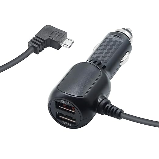 Dash Cam Micro USB Power Cable 11FT, Right Angle 90 Degree Micro USB with Dual USB Port Fast Power Supply, for 12V-24V Car and Truck Dash Cam, GPS Navigator, MP3 Player and Other USB Devices