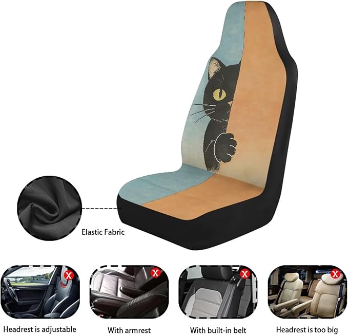 BIGCARJOB Cute Cat Car Seat Cover Set for Front Seat Only, 2 Pack Auto Front Seat Protector Saddle Blanket for Women Car Interior Accessories