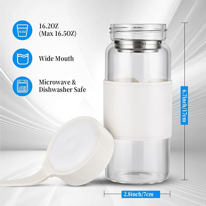 Small Glass Shaker Bottle,16oz BPA Free Odorless Shaker Bottle with 304SS Mixing Ball and Removable Cleaning Brush for Fitness & Protein Shakes(White-1Pack)