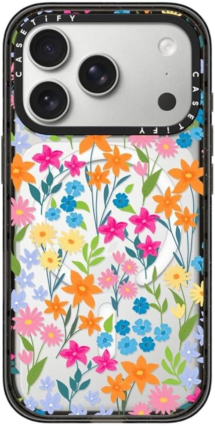 CASETiFY Impact iPhone 17 Pro Case [Slim/Compatible with Magsafe / 8.2 ft. 4X Military Grade Drop Protection] - Bright Spring Flowers - Daisy Floral Pattern - Clear Black