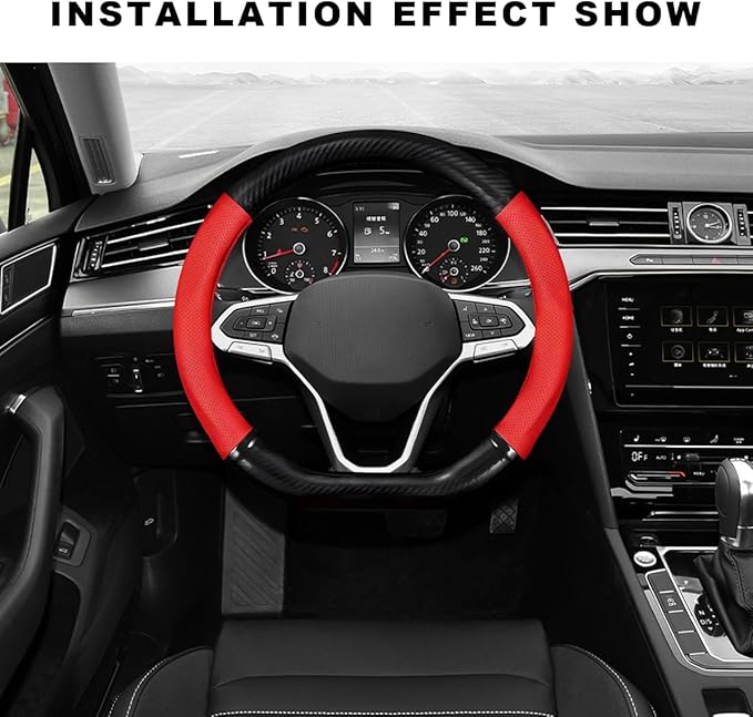 Car Breathable Steering Wheel Cover, Carbon Fiber Wear-Resistant D Shape Steering Wheel Protector for Comfy Grip, Universal Non-Slip Leather Wheel Sleeve for Most Car SUV Truck (Red)