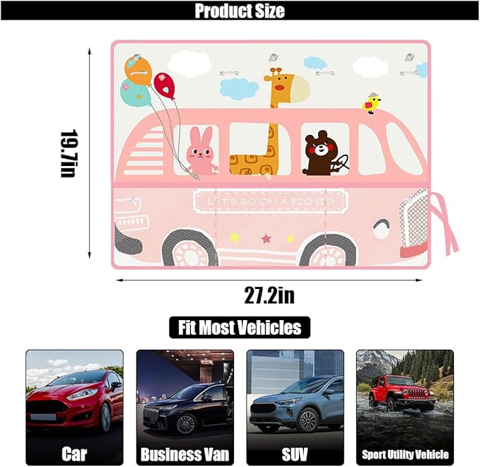 Car Window Shade for Baby, Blackout Car Window Curtain with Storage Pockets & 7 Suction Cups, Cartoon Pattern Cars Side Window Sun Shade Cover for Sun/Heat/UV Rays Protection (Pink-Giraffe)