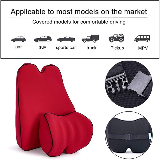 Car Lumbar Support Back Cushion & Headrest Neck Pillow Kit Cushion Memory Foam Universal Fit Major Car Seat with Back Pain Relief for Car Office Home 1PCS Red