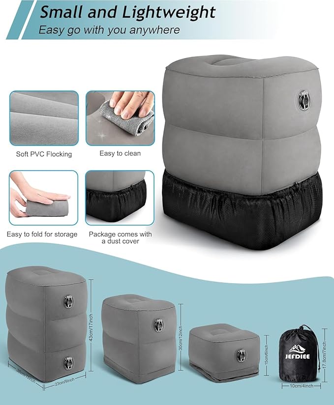 JefDiee Inflatable Foot Rest Pillow, Kids Airplane Bed, Adjustable 3 Layers Height Leg Rest Pillow, Airplane Travel Essentials Great for Office, Home, Trains, Cars