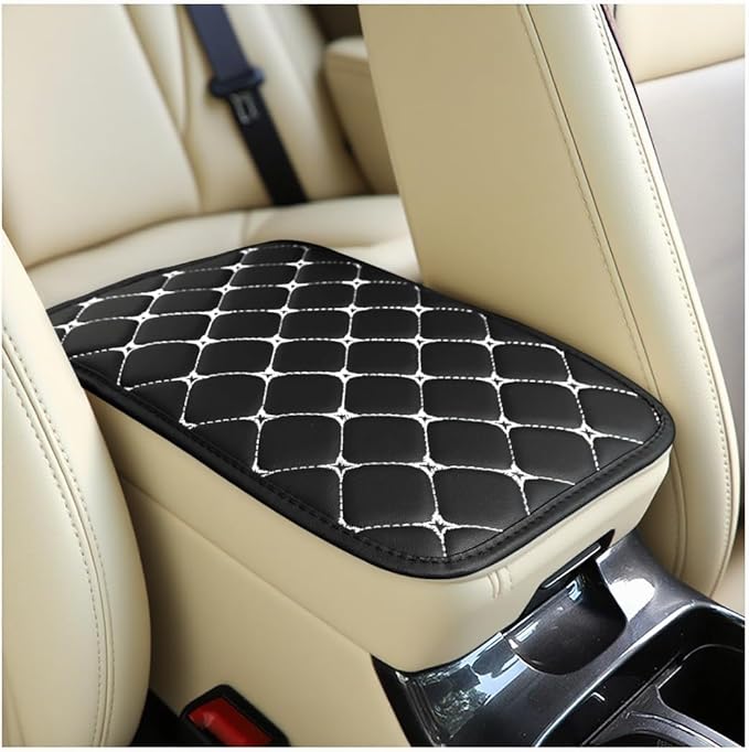 Car Center Console Cushion Pad, PU Leather Vehicle Armrest Cover Protector, Anti-Scratch Automotive Interior Arm Rest Seat Box Mat Accessories, Universal for SUV Sedan Truck (Black/White)