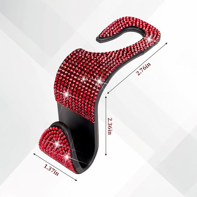 4PCS Bling Car Seat Headrest Hooks, Crystal Rhinestone Vehicle Back Seat Hanger Holder, Auto Interior Headrest Hanging Storage Organizer for Purse Handbag Coat, Universal Fit (Red)