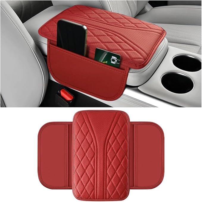 Car Center Console Cover, Leather Vehicle Armrest Box Pad with 2 Storage Bags, Automotive Interior Arm Rest Cushion Protector Accessories, Universal for SUV Sedan Truck (Wine Red)