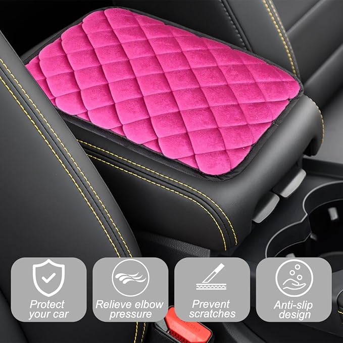 Car Center Console Cushion Pad, Comfortable Vehicle Armrest Seat Box Cover Protector, Soft Automotive Interior Decorative Arm Rest Mat Accessories, Universal for SUV RV Truck (Rose Red)