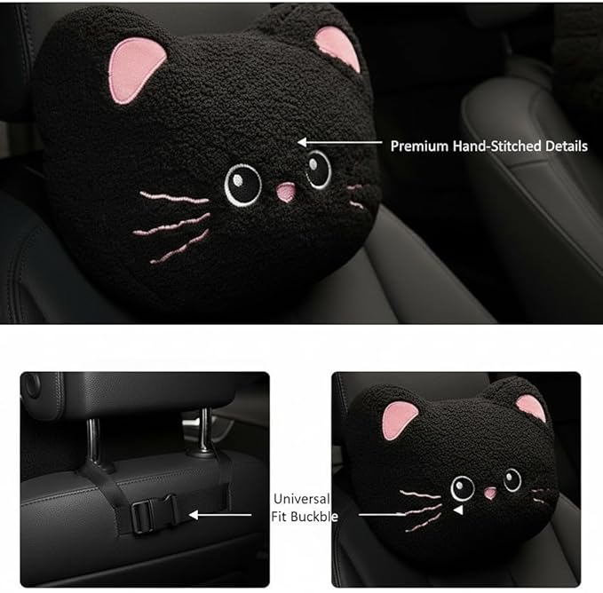 Cute Plush Black Cat Car Seat Headrest and Lumbar Support Pillow Set, Soft Neck Cushion for Driving Comfort, Set of 2