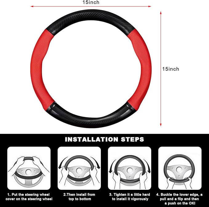 Car Breathable Steering Wheel Cover, Carbon Fiber Wear-Resistant Steering Wheel Protector for Comfy Grip, Universal Non-Slip Leather Wheel Sleeve for Most Car SUV Truck (Red)