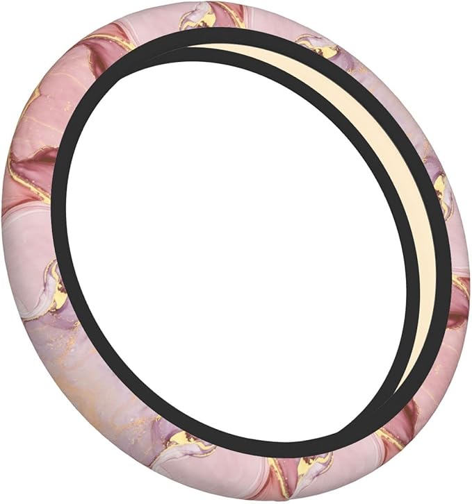 Gold Pink Marble Steering Wheel Cover Women Men Elastic Stretch Soft Car Wheel Protector Universal Breathable No-Slip Car Accessories for Truck Van SUV Auto Fit 14-15 Inches
