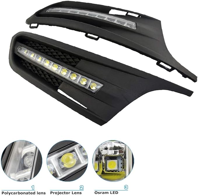 iJDMTOY Xenon White LED Daytime Running Lights Compatible With Volkswagen: 2011-2014 MK6 Jetta, OEM Fit DRL Bezel Assembly Powered by (9) High Power LED Lights Each Lamp