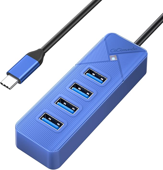 GiGimundo 4-Port USB Hub for Laptop, USB C to USB Hub Multiport Adapter 5Gbps Transfer, USB C Splitter for Laptop, MacBook Pro/Air, iPad Pro, Dell, Chromebook, Keyboard, Mouse, HDD, Blue