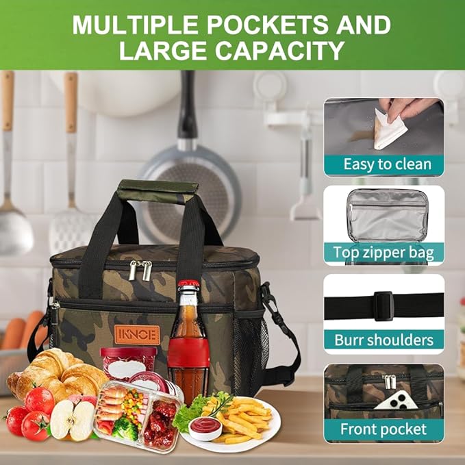 iknoe Insulated Lunch Bag, Foldable 8.5L Cooler Bag for Men & Women, Leakproof Thermal Design, Great for Office, Picnic, Travel, Lunch Box, Camo