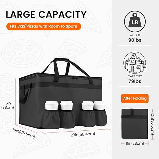 CIVJET Insulated Food Delivery Bag with 4 Cup Holder and Bottom Support, XXX-Large Insulated Grocery Bags Keep Food Hot/Cold, Cooler Bags with Drink Carrier, Food Carrier Catering Bag for Events,Black
