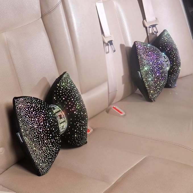 Bow Neck Support Pillow for Driving Seat Travel Head Rest Sparkly Bling Car Accessories Sparkly Rhinestone Headrest Black 2pcs for Women Men