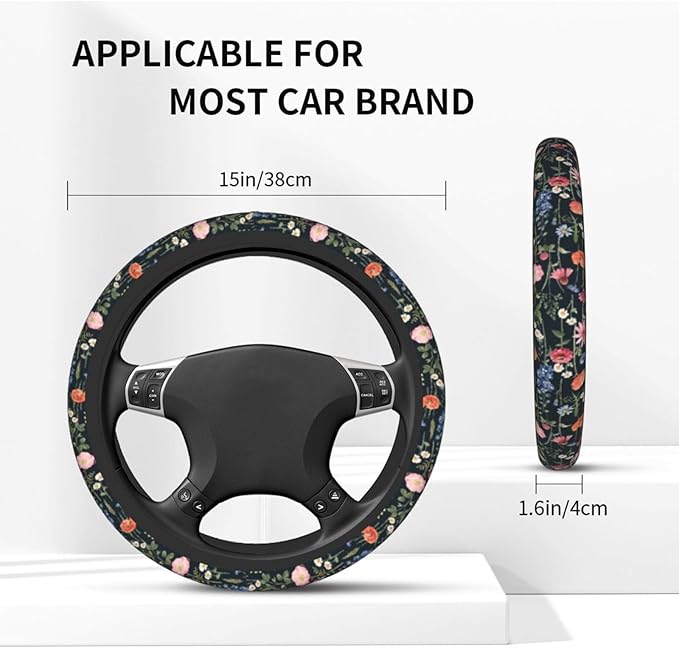 Wildflower Car Steering Wheel Cover - Multicolor Wildflower Steering Wheel Cover Anti-Slip Breathable Universal for 15 Inch Car 2 Pieces Coasters Suitable for Men Women