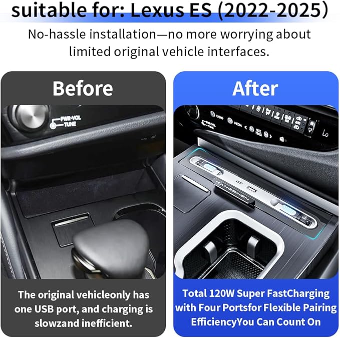 Car USB Hub Docking Station for Lexus ES 2023 2024 2025 ES350 ES300h ES250 Type-C Fast Charger Auto Interior Centre Console Accessories Cigarette Lighter Decoration Phone Wireless Charging Adapter