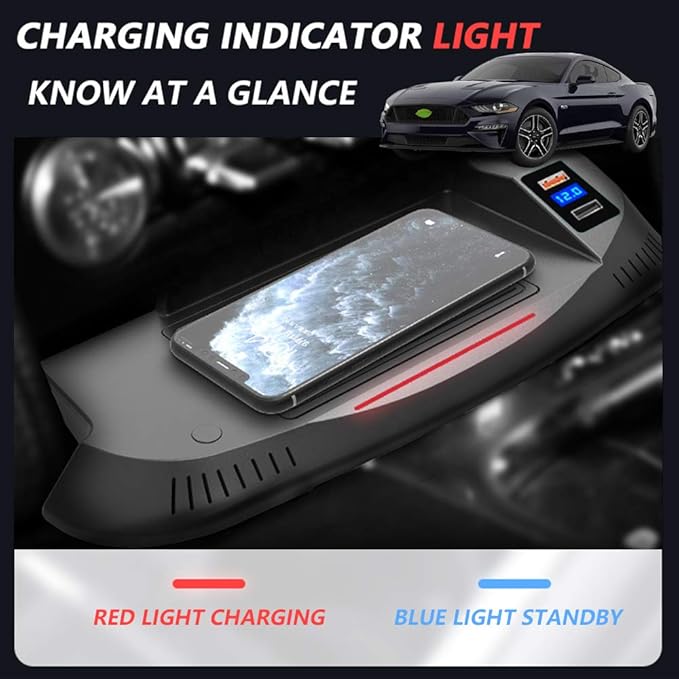 Wireless Car Charger for Ford Mustang 2015 2016 2017 2018 2019 2020 Center Console Accessory Panel, 15W Fast Charging Phone Charger Pad with QC3.0 USB Port for iPhone Galaxy Any Qi Phone