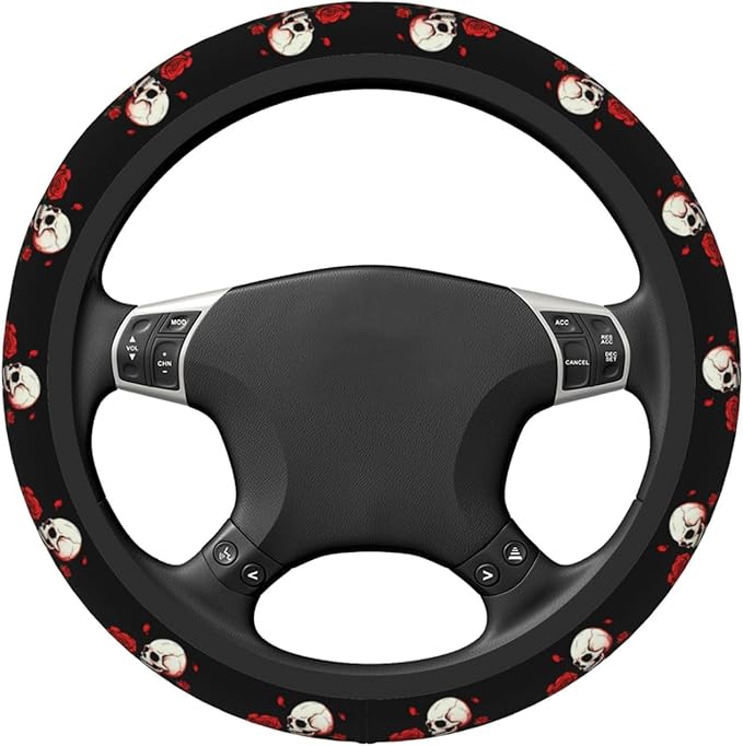 Ouqiuwa Red Rose Skeleton Steering Wheel Cover Women, Comfortable Elastic Steering Car Wheel Cover Fit 15 inches Universal Accessories Suvs Trucks Decor