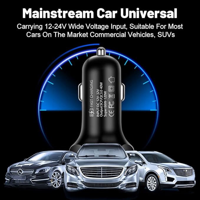 66W Multi Port Car Charger Adapter with Voltage Monitor, 4 USB QC3.0 Super Fast Charge Cigarette Lighter USB Charger, Compatible with iPhone/Android/Samsung/iPad Pro/and More (Black)