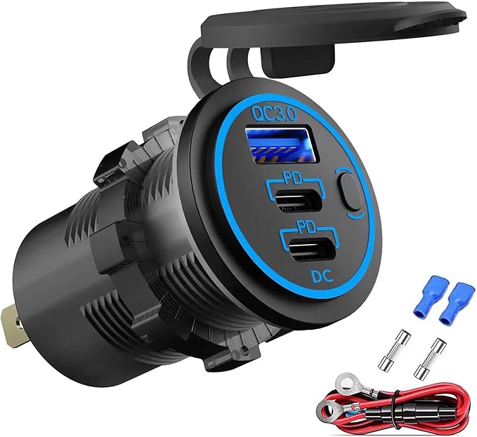 12V USB Outlet Wire USB Charger Multi Port, Dual PD3.0 USB-C and Quick Charge3.0 Car Port Socket with Power Switch, Fast Charge for Phone lPad Android Phones, Suitable for Car Boat RV Marine ATV