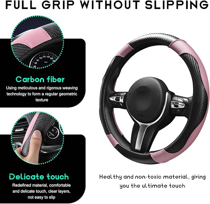 Car Steering Wheel Cover, 15 inch Carbon Fiber Microfiber Leather Elastic Steering Wheel Protector, Breathable Anti-Slip Comfortable Steering Wheel Covers for Most Cars (Black&Pink)