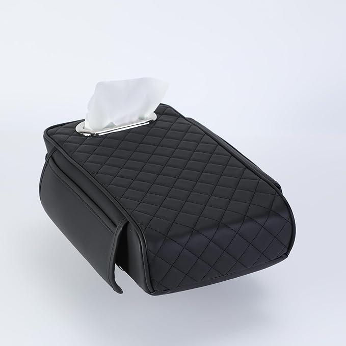 Upgraded Multi-Functional Car Center Console Cover, PU Leather Armrest Pad Cushion with Memory Foam Cushion, 2 Storage Pockets, Tissue Box Hole for Sedan Vehicles, 7 Colors (Black)