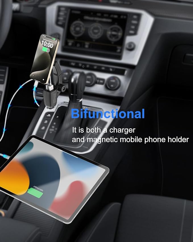 Magnetic Phone Holder for Car Cigarette Lighter [Dual USB Fast Charging] Cigarette Lighter Socket Phone Mount Charger with Adjustable Arm, for iPhone 16 15 14 MagSafe Car Mount