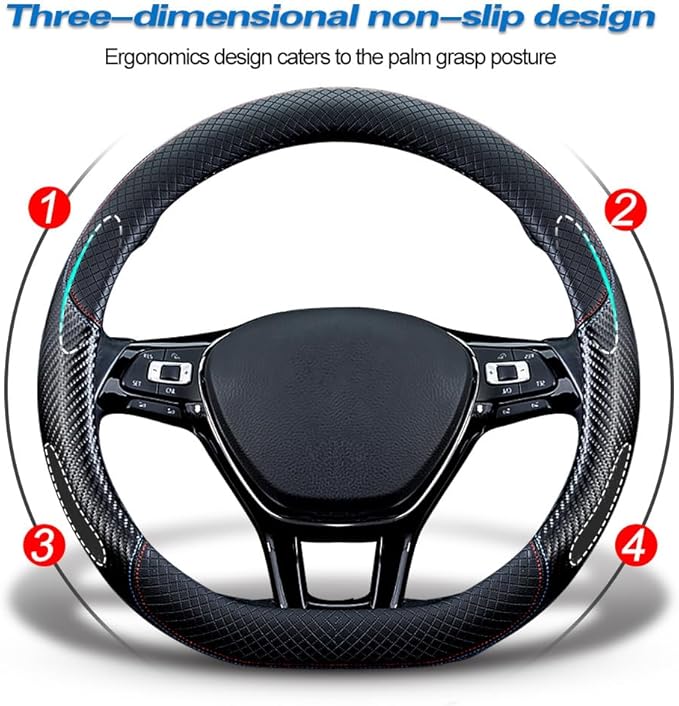 Car Carbon Fiber and Leather D-Shape Steering Wheel Cover, Stylish car Non-Slip Leather car Interior 15 inches Universal Red and Blue