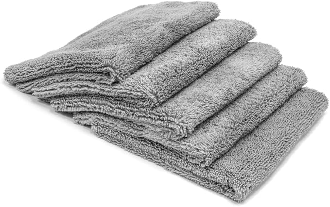 Autofiber Elite Edgeless Two-Pile Microfiber Detailing Towel, All-Purpose Detail Rag, Polishing, Buffing, Window, Glass, Waterless, Rinseless and Car Wash Towels - Pack of 5, Gray (16 inch x 16 inch)