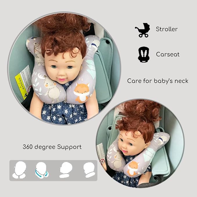 Baby Neck Pillows, Comfortable Baby Travel Head Neck Support Pillow for Car Seat Stroller Pushchair, Soft PP Cotton Travel Pillow for 0-2 Years Old Toddler Infant Newborn, Fox