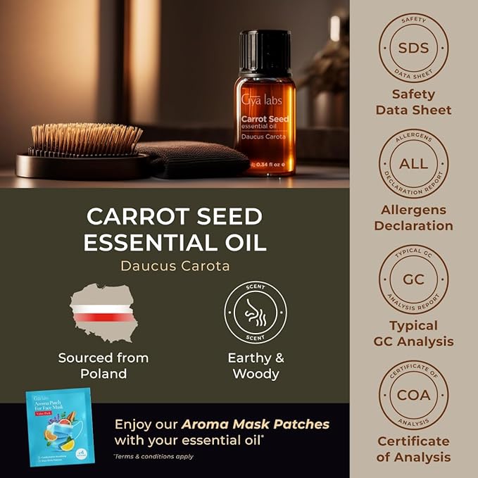 100% Pure Carrot Seed Essential Oil - 0.34 Fl Oz - Carrot Seed Oil for Hair, Skin, Diffuser, Aromatherapy & DIY Candle Making Scent
