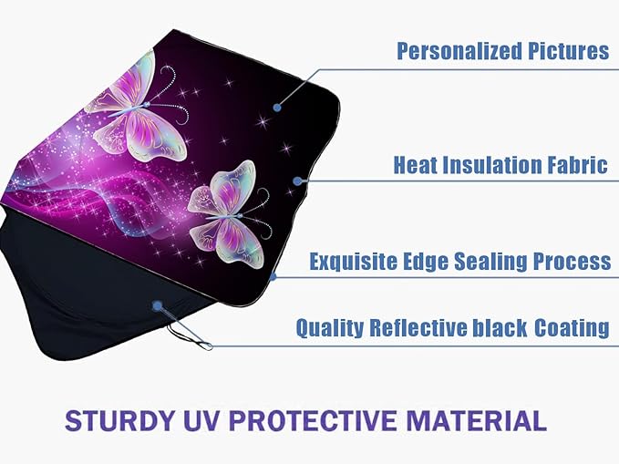 Purple Butterfly Car Windshield Sun Shade Foldable Sunshade Front Window Cover Sun Visor Protector Accessories (59x27.5 inches)