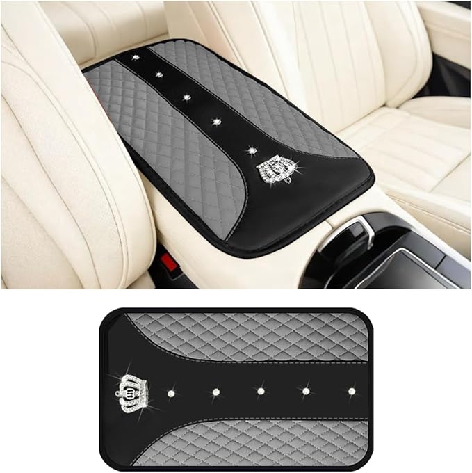 Bling Car Center Console Cover, Crown Crystal Rhinestones Vehicle Armrest Mat Protector, Anti Slip Sparkling Automotive Arm Rest Seat Box Cushion Pad Decor Accessories, Universal Fit (Gray)