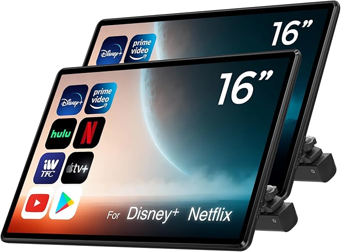 16 inch Android 13 Car Headrest Monitor Screen Car TV Entertainment System for Cars Backseat,Support Phone Wireless Mirroring Sync Screen WiFi HDMI Bluetooth USB SD Video Player (4G+64G (2*pcs))