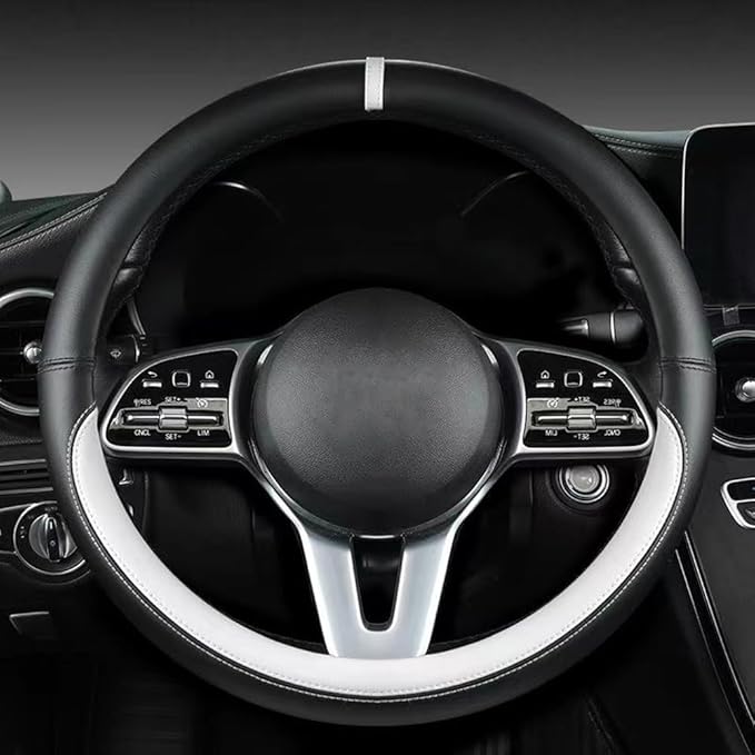 Morandi Color Steering Wheel Cover, Nappa Leather, Fashionable Sporty Style, Universal 15 inches,Black and White