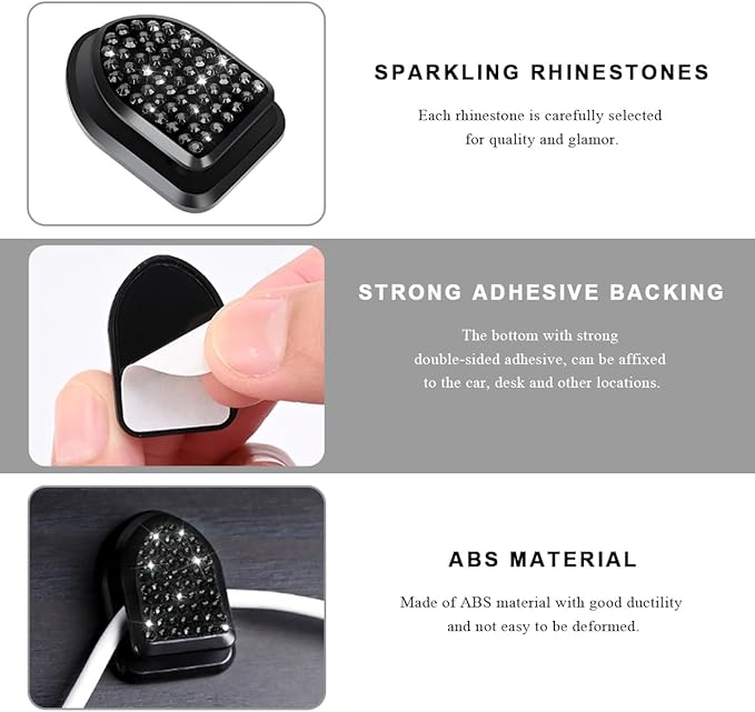 4 PCS Bling Car Mini Hooks, Cute Rhinestone Adhesive Back Seat Auto Hangers, Multifunctional Crystal Hanging Storage Hook for Vehicle Dashboard Wall Hat Coat Towel Key (Black)