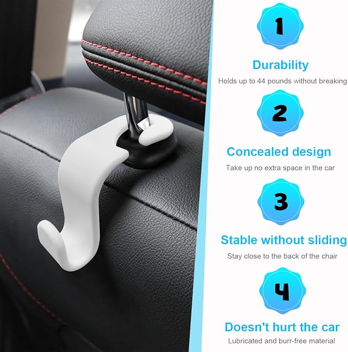 Ziciner Car Seat Headrest Hooks, 4 Pack Auto Durable Backseat Hangers Storage Organizer, Universal Vehicle Interior Holder Accessories for Purse, Grocery Bags, Handbag, Cloths ect (White)