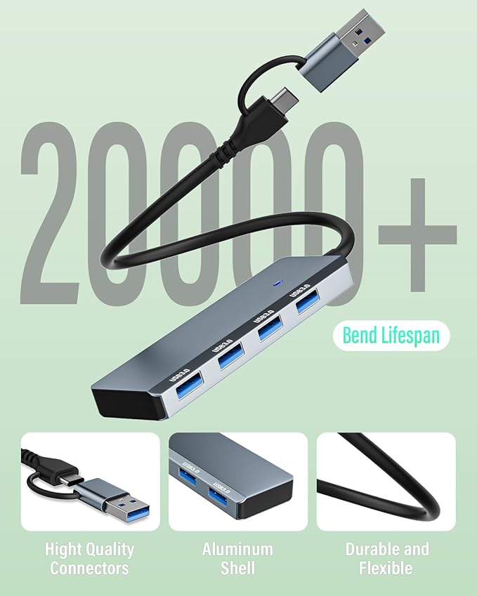 USB 3.0 Hub 4 Ports 5Gbps, Dual USB-A/C Aluminum Splitter, Ultra-Slim Multiport Expander Adapter for iPhone 17/16/15,MacBook,iPad,Laptop,PC,Desktop,HDD, Keyboard, Mouse, Xbox, PS5,Android