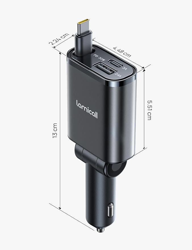 Lamicall Car Charger USB C Compatible with iPhone 17 16 15 Fast Charging [Ultra-Compact, 60% Less Space] 57w Type C Retractable Car Charger Fit Samsung Galaxy S25 S24 Ultra Pixel Android - Black