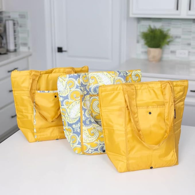 Sachi Insulated Market Tote Bags 3-Piece Reusable Lunch & Grocery Cooler Set with Zipper Foldable, Eco-Friendly Thermal Bags for Shopping, Travel & Picnics Grey Yellow Paisley