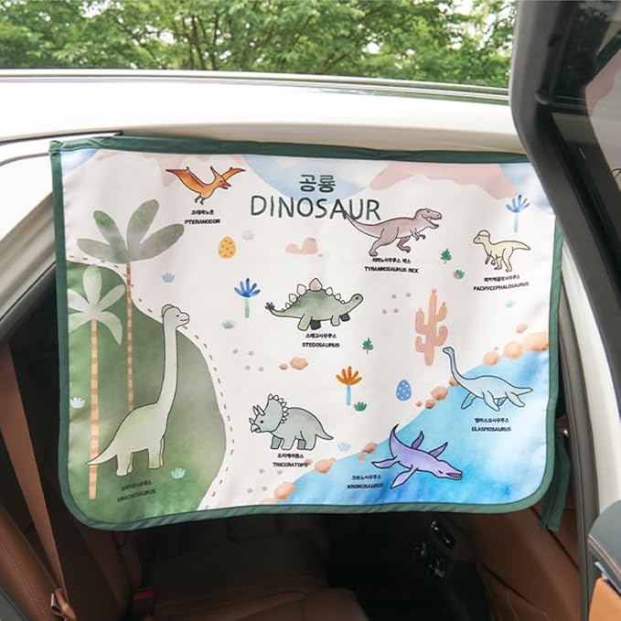 Magnetic Car Sun Shade Curtain for Side Window – Sun Blocker and UV Protector for Baby, Kids, and Pets – Universal Fit with Built-in Magnets for Steel-Framed Door (Magnet-Dino Friends)