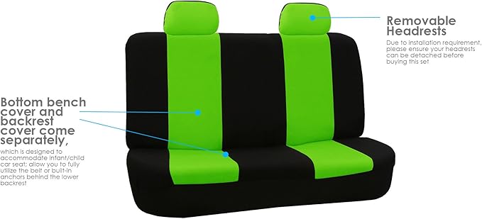 FH Group Car Seat Covers Flat Cloth Automotive Green Full Set, Rear Solid Bench Universal Fit Combo Steering Wheel Cover & Seat Belt Pads Car Seat Protector for Cars Trucks SUV Interior Accessories